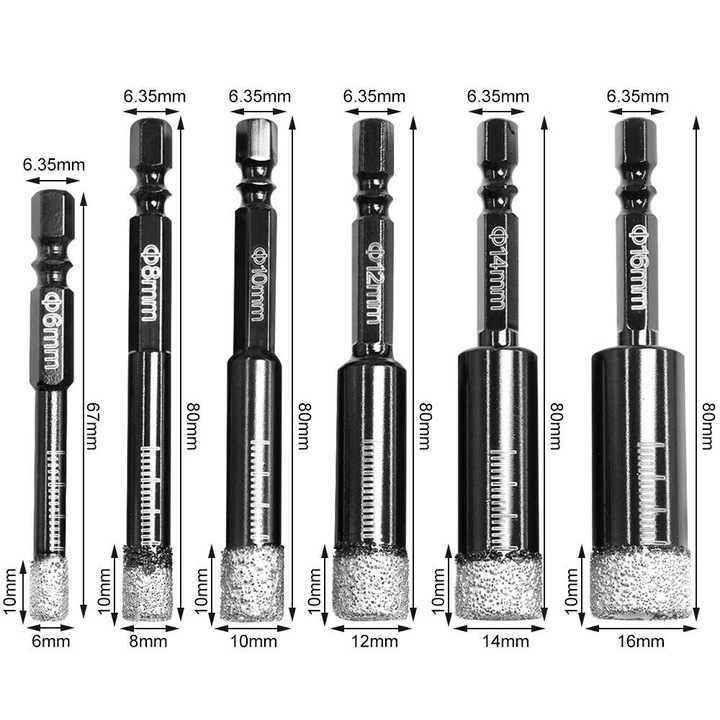 6 darabos gyémántfúró szett üveghez/kerámiához, Enforose, hatszögletű szár, 6-16 mm, fekete