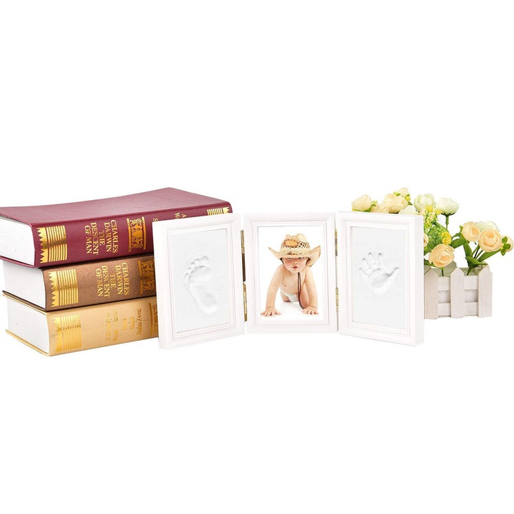Rama decorativa amprenta mana picior bebelus set DIY alb 20x20cm