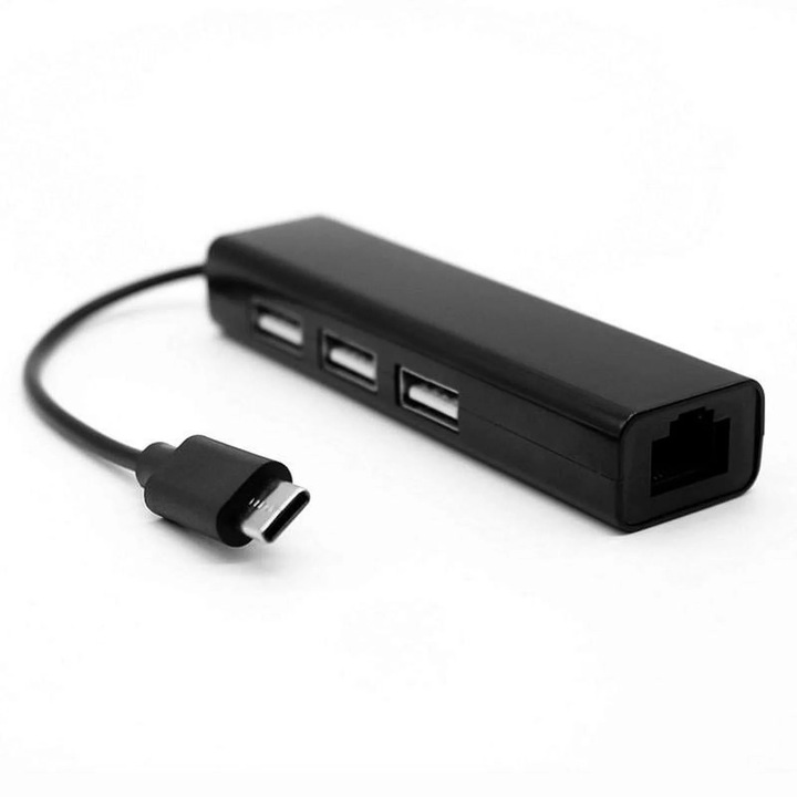 YANYXR USB 2.0 elosztó, 3 portos, Ethernet RJ45, fekete, C típusú