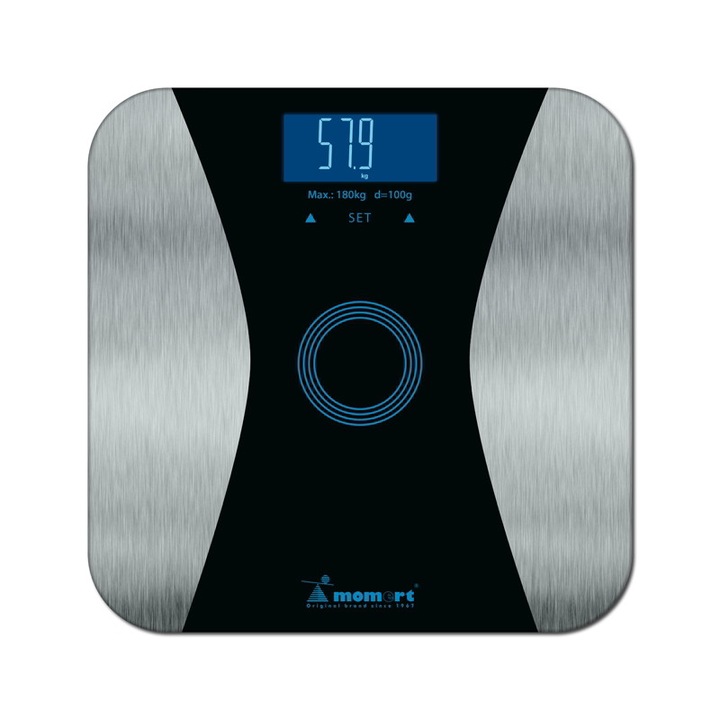 Везна Momert 5876, Цифрова, Мултифункционална, 7 функции, 180 kg, Памет за 10 потребители, Платформа от закалено безопасно стъкло, Черно/Сребристо