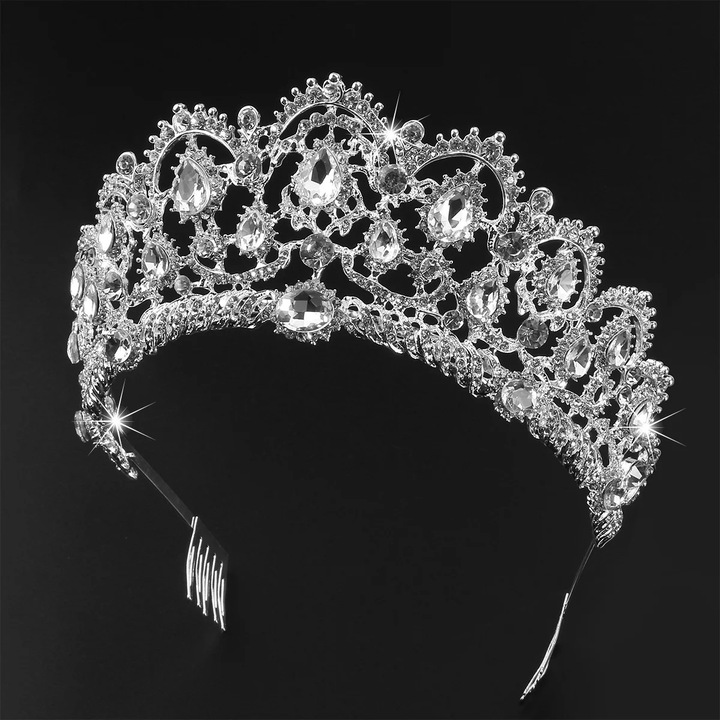 Булчинска тиара с кристали, аксесоар за коса, сребро, комплект