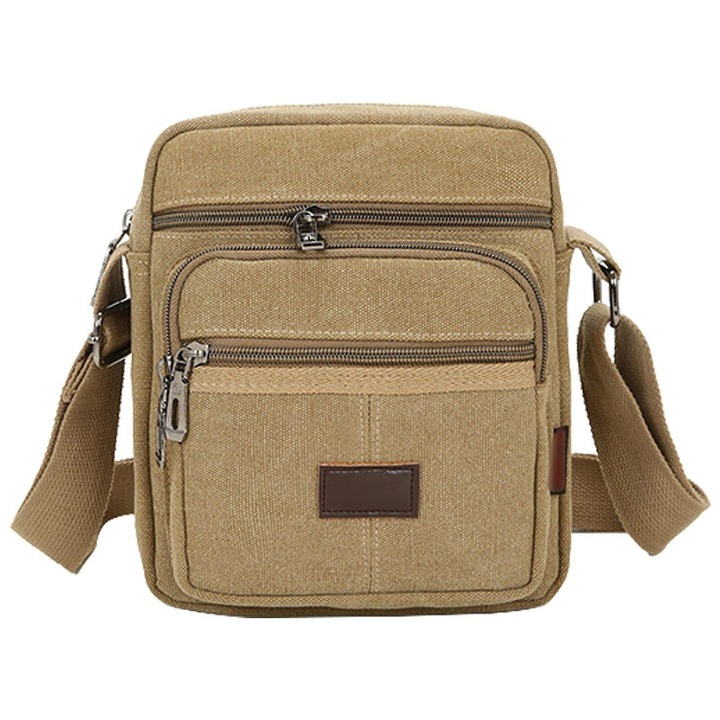 Férfi válltáska, retro, vászon, bézs, 19x23x7 cm, állítható szíjjal