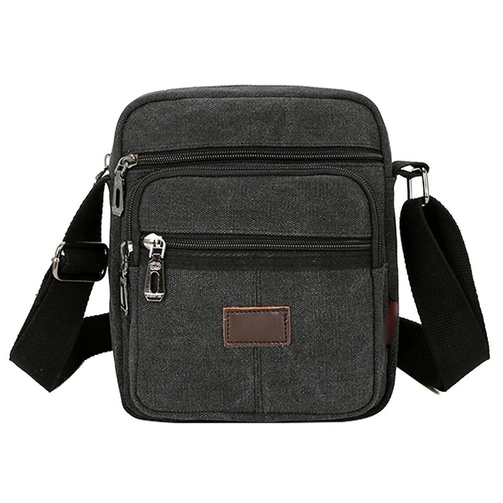 Férfi retró vászon fekete válltáska, 19x23x7cm, állítható pánttal, többzsebes