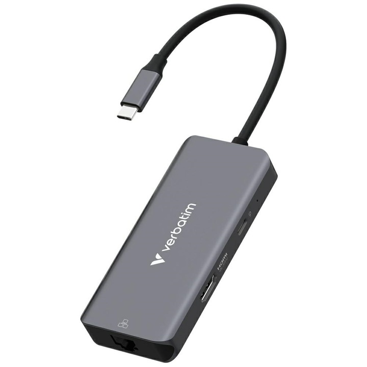 Хъб, Verbatim, USB-C / HDMI / USB-A 3.2 / RJ45, 4K, 100W, 105 x 47 x 16.4 мм, Сив