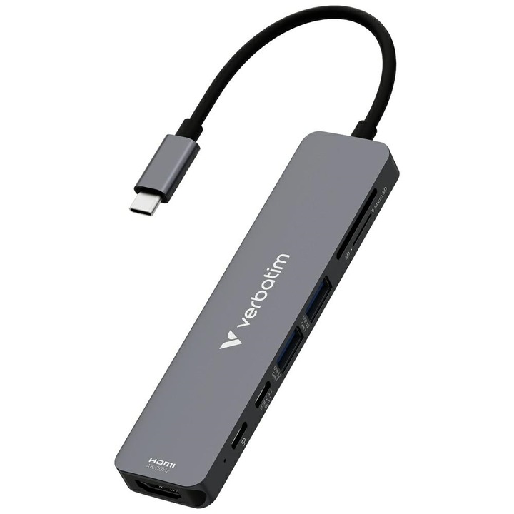 Verbatim HDMI/USB-C 3.2 хъб с 2x USB-A и SD/microSD четец, 123.2x29.7x11 мм, алуминий