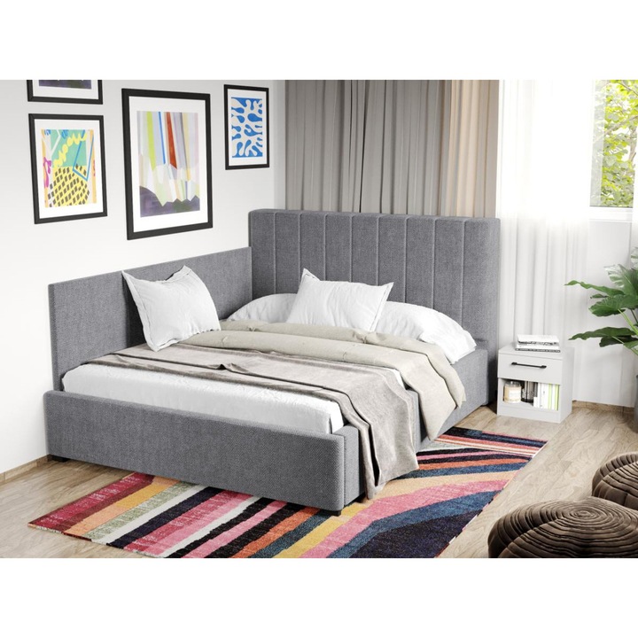 Pat Tapitat de colt, Adam cu Somiera fixa, 90x200, Gri/Eden 18