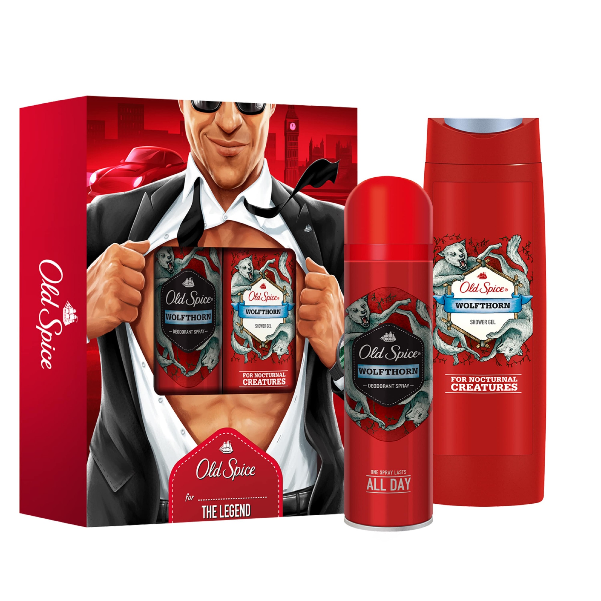 Set cadou Old Spice Wolfthorn: Deodorant spray, 150 ml+ Gel de dus, 250 ml