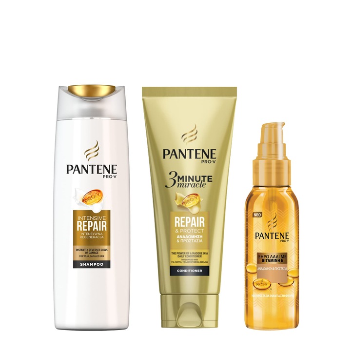 Set ingrijire par Pantene Repair & Protect: Sampon, 360 ml + Balsam 3 Minute Miracle, 200 ml + Ulei de par, 100 ml