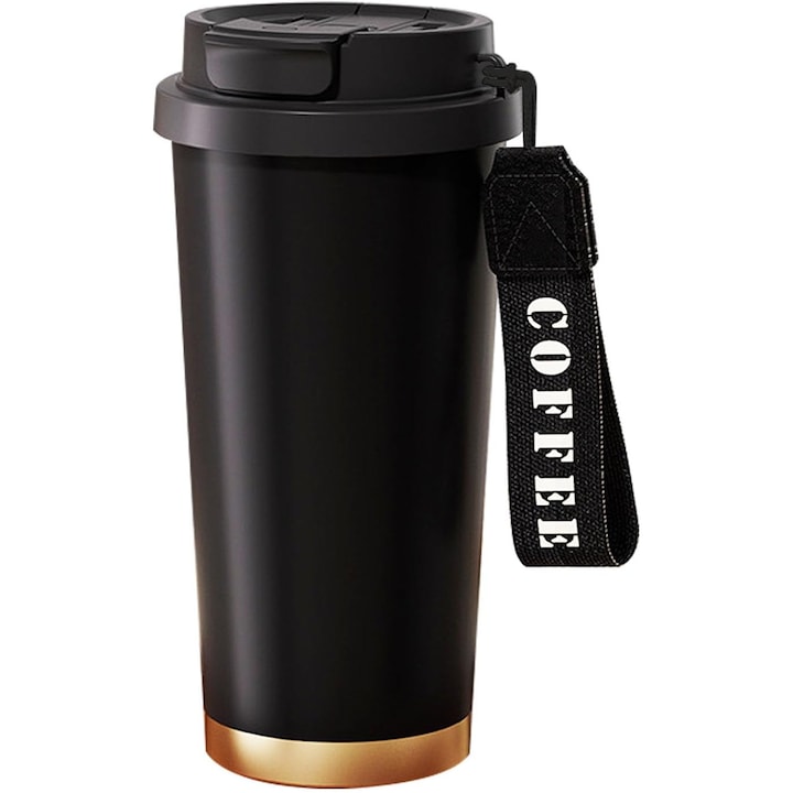 Пътна чаша за кафе 530 мл, FomoX, Термо чаша за кафе с капак против протичане, Двойна стена за кафе със сгъваема сламка за топли и студени напитки, Неръждаема стомана, Черна, Термо чаша 530 мл