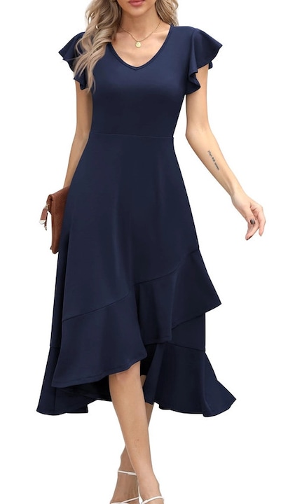 Elegáns nyári ruha, térdig érő, V-kivágással, hátul rejtett cipzárral, Tengerkék