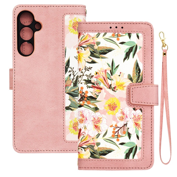 Husa tip carte pentru Samsung Galaxy A56 5G, Mystic Flowers, Piele ecologica, Buzunare carduri, Inchidere cu capsa, Functie stand/suport, Decupaj difuzor apeluri, Acoperire 360, Protectie completa fata-spate, Snur incorporat/detasabil, Roz