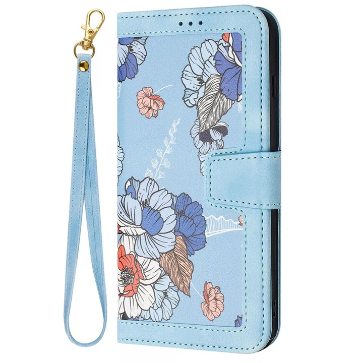 Husa tip carte pentru Xiaomi Redmi Note 13 Pro 5G, Mystic Flowers, Piele ecologica, Buzunare carduri, Inchidere cu capsa, Functie stand/suport, Decupaj difuzor apeluri, Acoperire 360, Protectie completa fata-spate, Snur incorporat/detasabil, Albastru