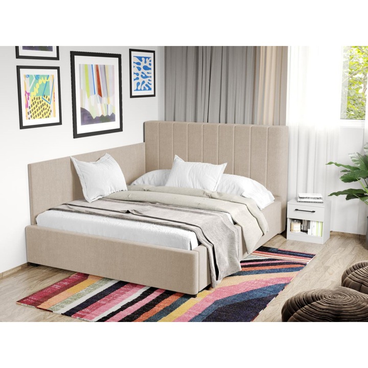 Pat Tapitat de colt, Adam cu Somiera fixa, 90x200, Bej/Falcone 102