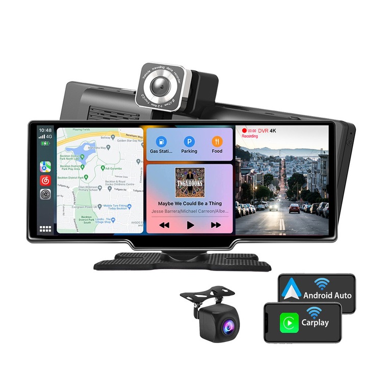 NAVIONIX Мултимедия CarPlay Bluetooth, 9,3-инчов HD (IPS) сензорен екран, 2160p предна камера, 1080p задна камера, приложение CarPlay/AndroidAuto, FM радио, Mirror Link, Гласов контрол, цикличен видео запис, AUX кабел