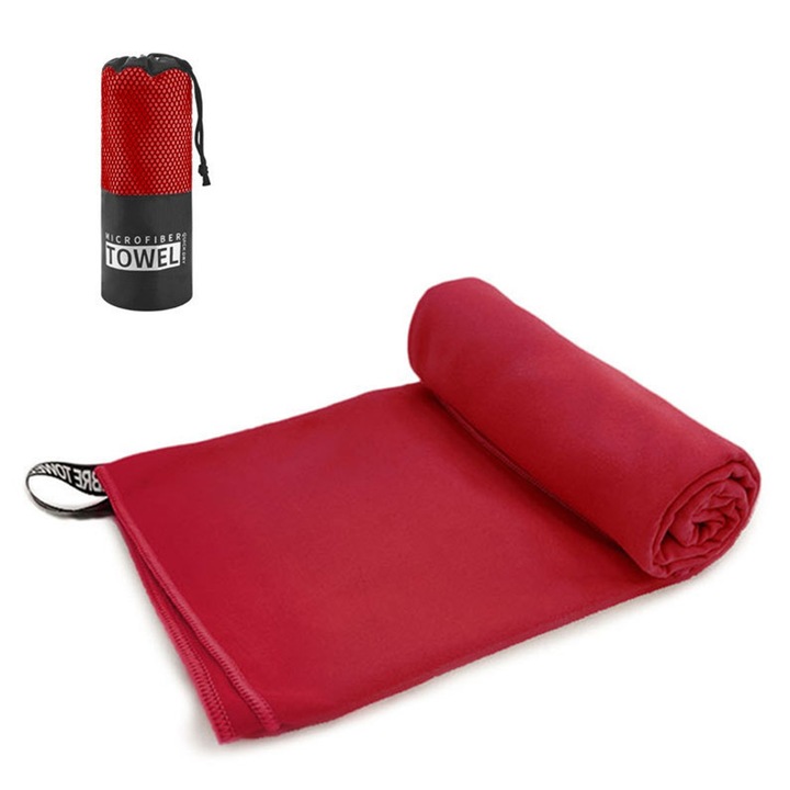 Prosop fitness, din microfibra, super-absorbant, pentru sala, calatorii si plaja, culoare rosu inchis, 76x152cm