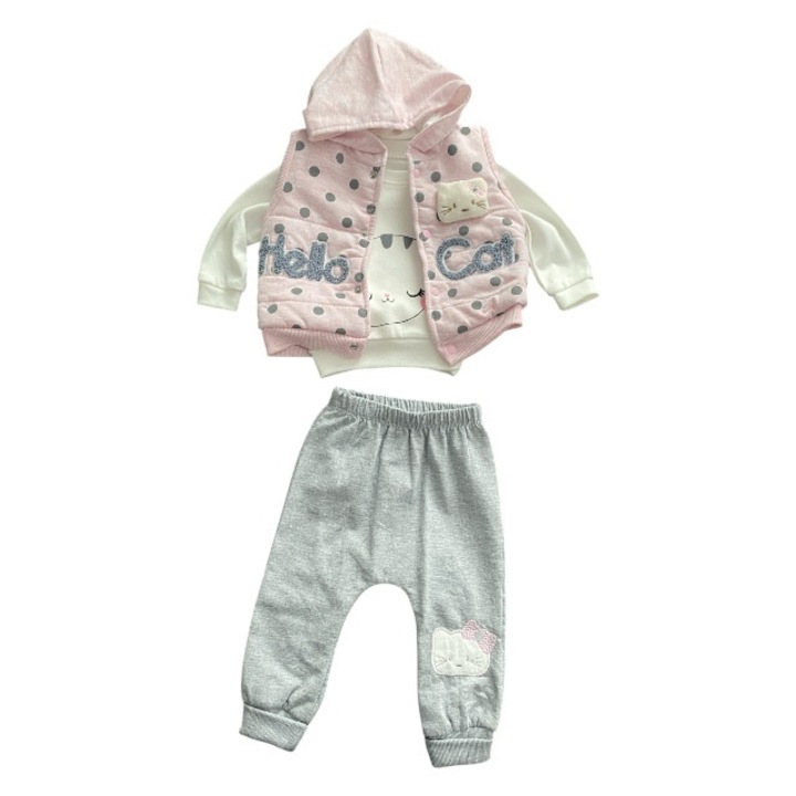 Set 3 piese Hello Cat roz si gri body, pantaloni, vesta cu gluga - Un look adorabil si jucaus, Multicolor
