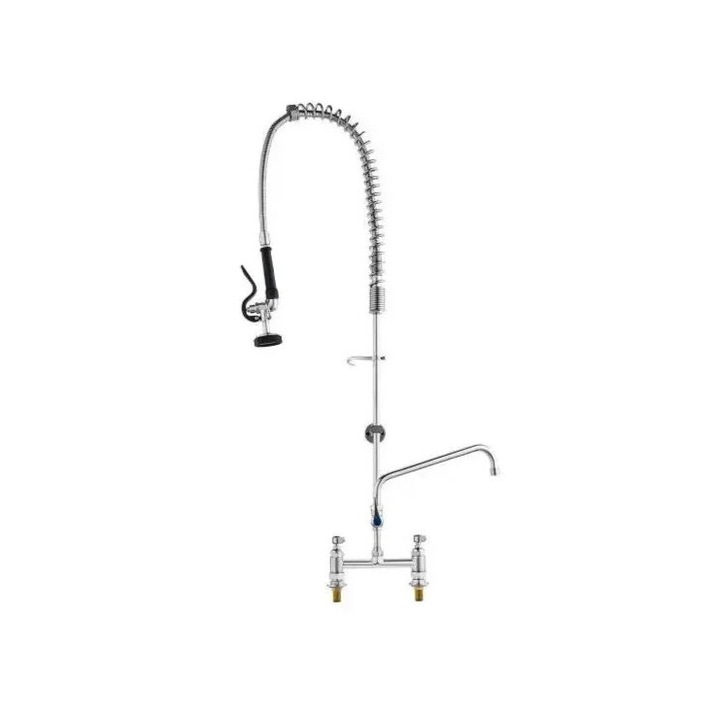 Професионален кухненски смесител, за монтаж на плот, регулируемо предварително изплакване, двойно управление, месинг, 1120 мм, сребрист
