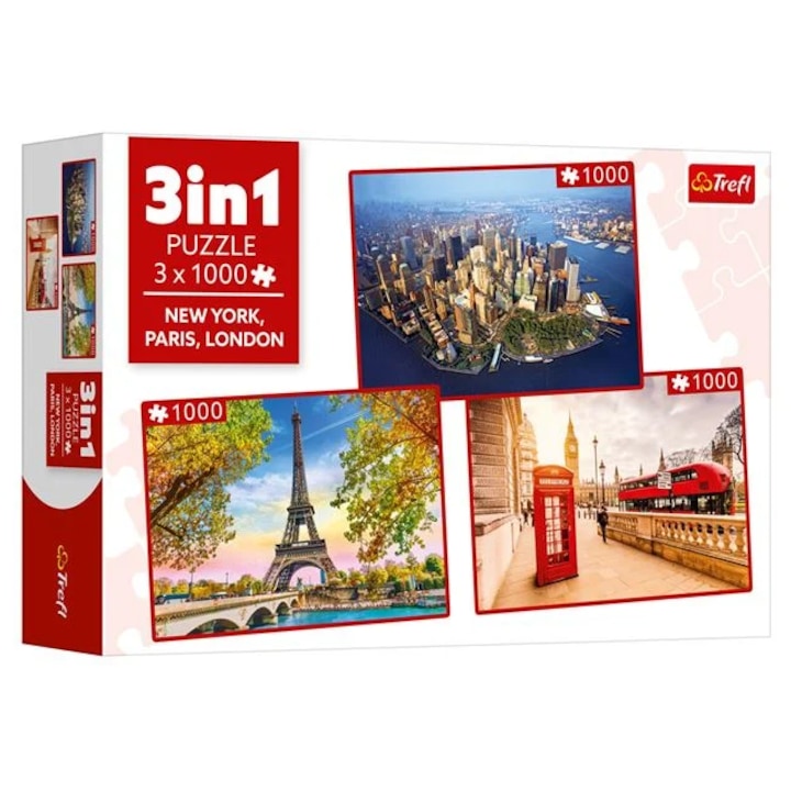 Пъзел Trefl, 3в1, 3×1000 части, Ню Йорк, Париж, Лондон, Многоцветен