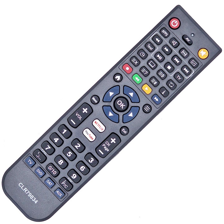 Telecomanda, KNTECH®, CLR79834, Universala, Programbila 4 IN 1, simultan pentru TV, DVD, Satelit si AUX, negru