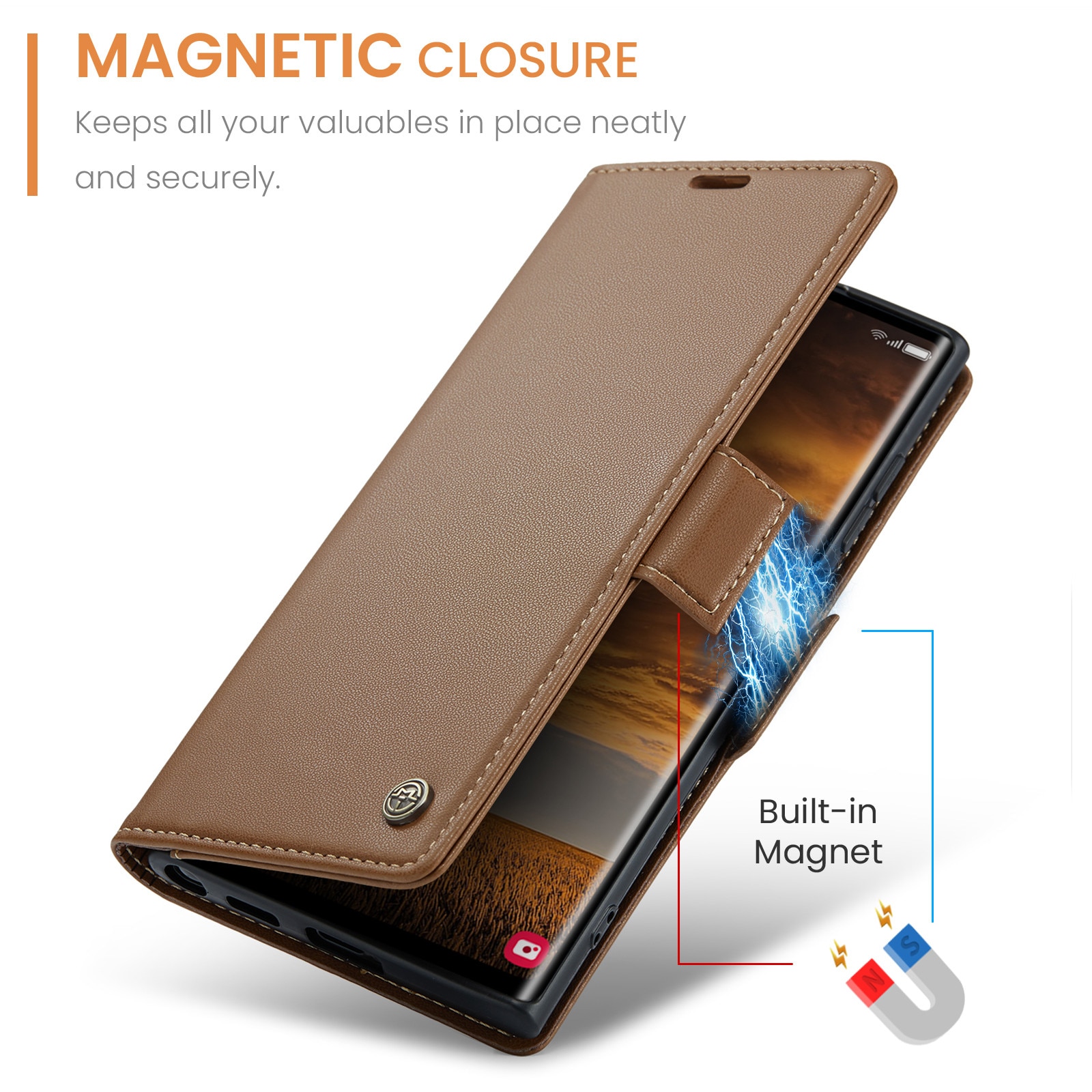 Husa pentru Samsung Galaxy S25 Ultra, CaseMe, slim, piele, tip portofel, stand, inchidere sigura magnetica, textura moale si aderenta in mana, protectie RFID, Maro