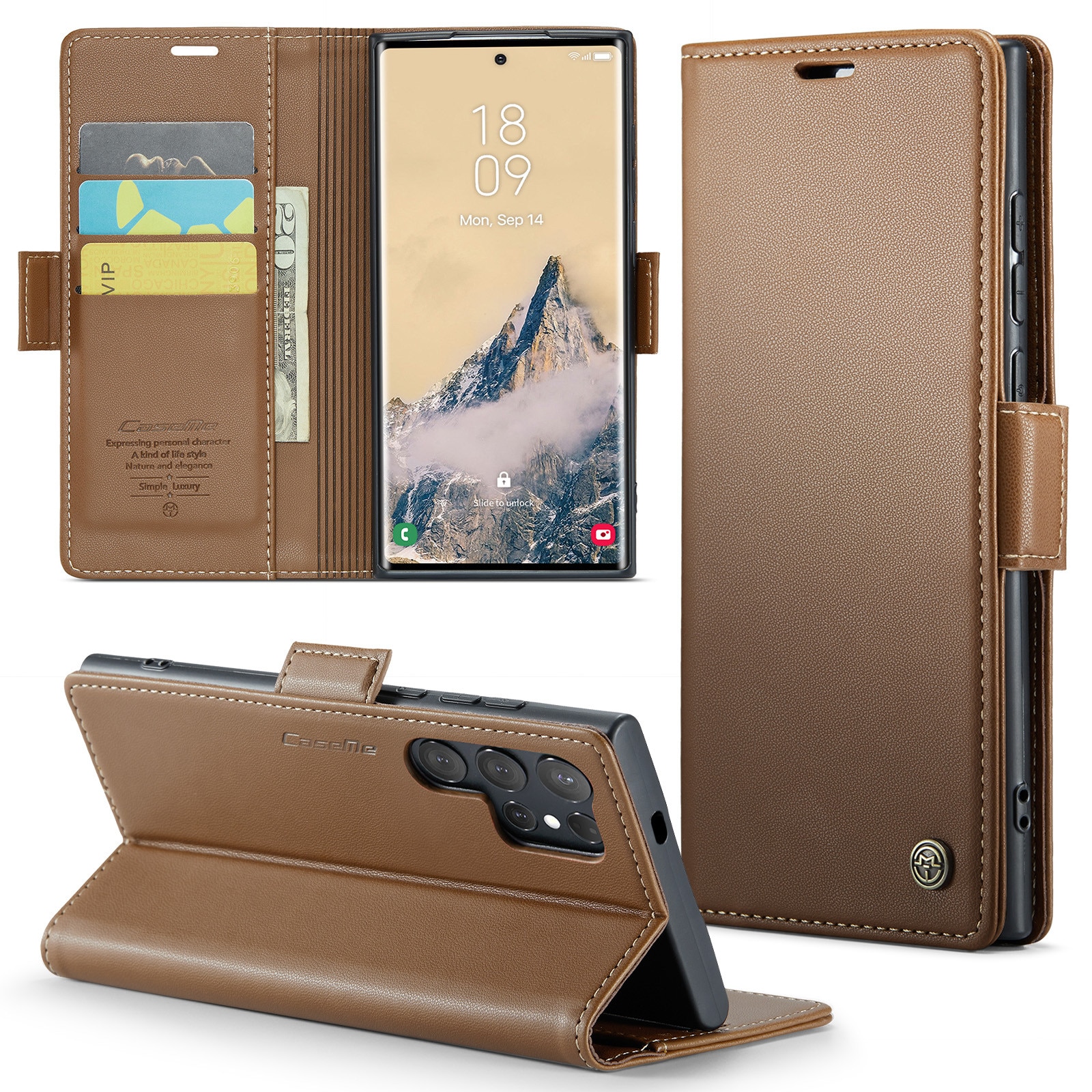 Husa pentru Samsung Galaxy S25 Ultra, CaseMe, slim, piele, tip portofel, stand, inchidere sigura magnetica, textura moale si aderenta in mana, protectie RFID, Maro