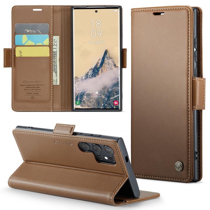 Калъф за Samsung Galaxy S25 Ultra, CaseMe, slim кожен, тип портфейл, стойка, магнитно предпазно закопчване, мека текстура и захващане в ръката, RFID защита, кафяво