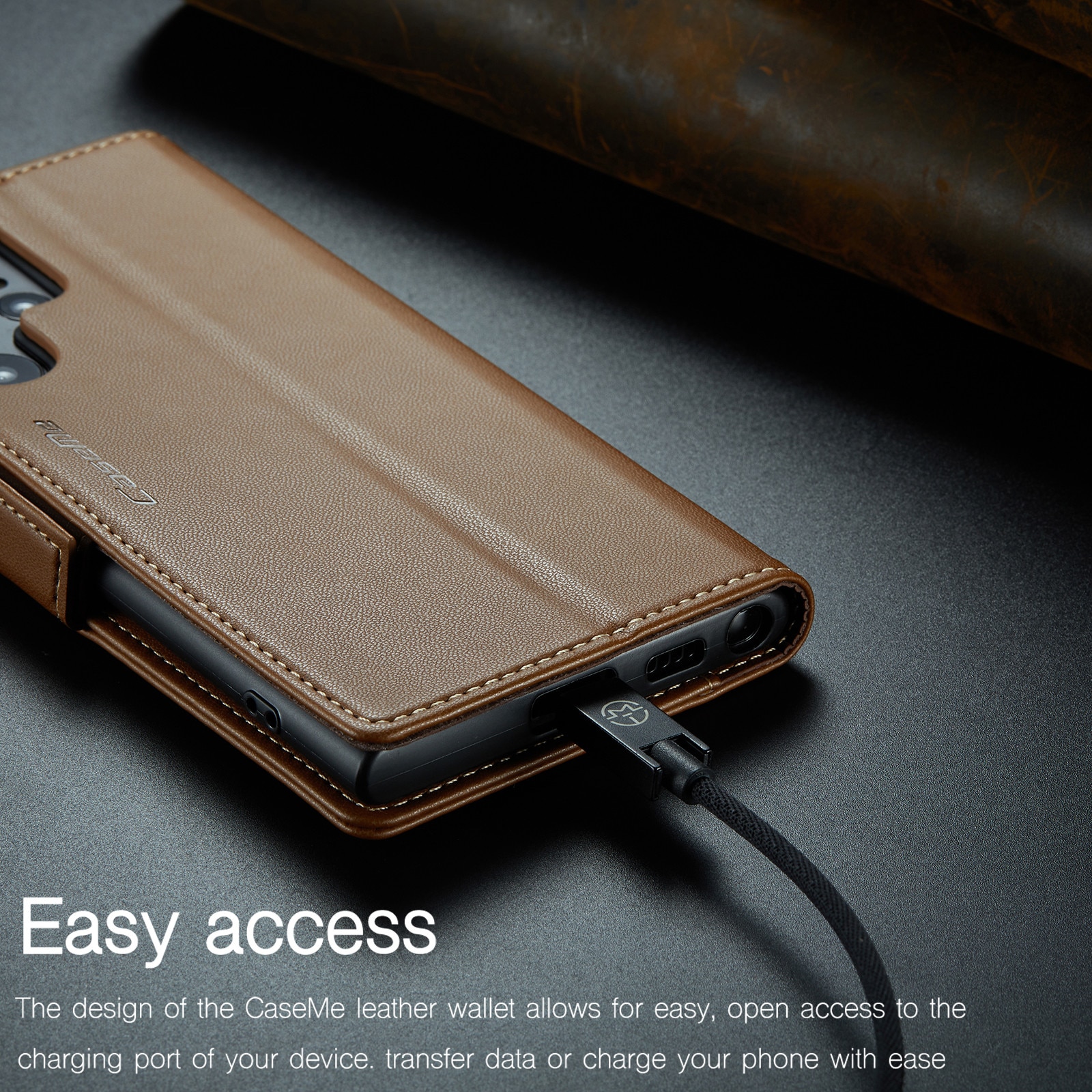 Husa pentru Samsung Galaxy S25 Ultra, CaseMe, slim, piele, tip portofel, stand, inchidere sigura magnetica, textura moale si aderenta in mana, protectie RFID, Maro