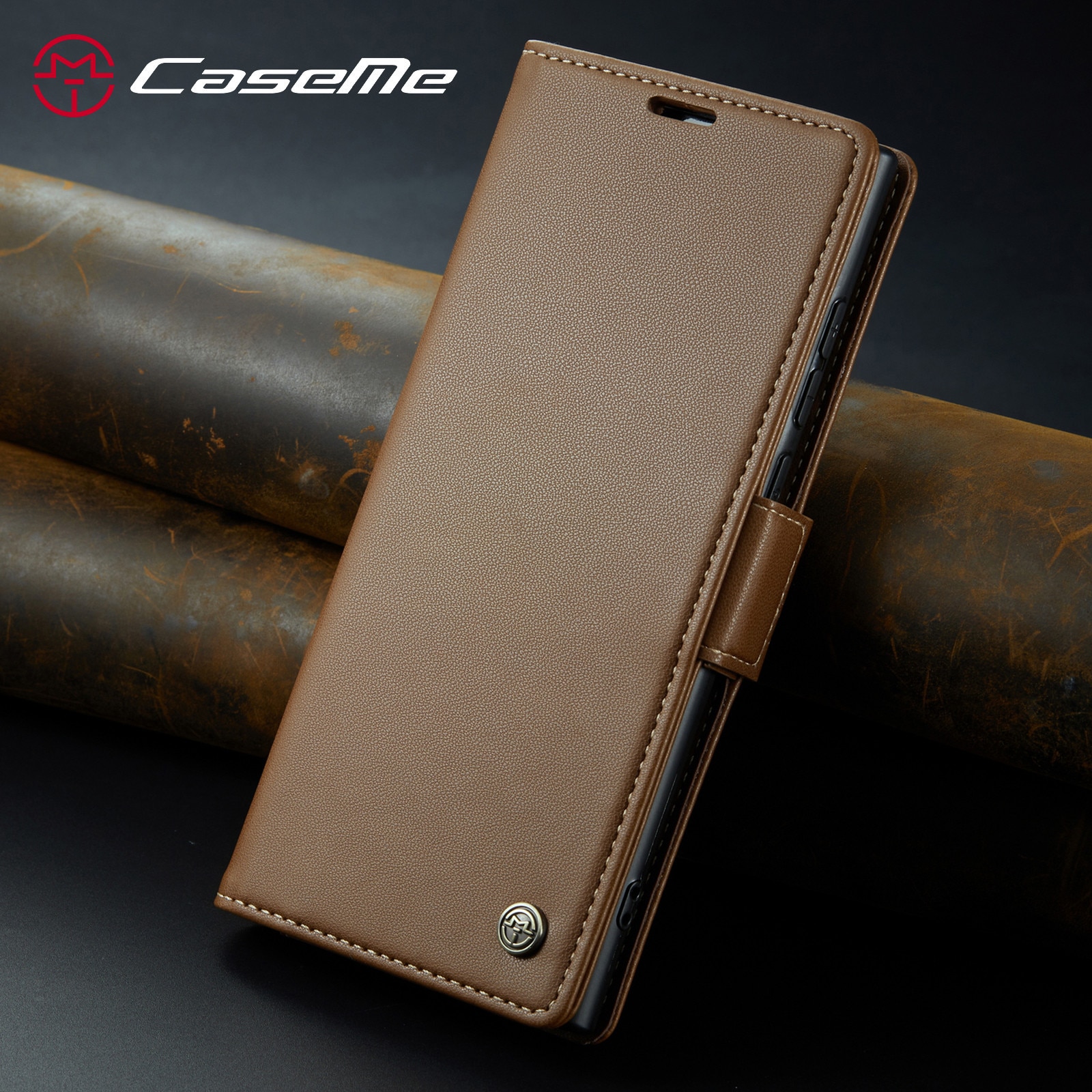 Husa pentru Samsung Galaxy S25 Ultra, CaseMe, slim, piele, tip portofel, stand, inchidere sigura magnetica, textura moale si aderenta in mana, protectie RFID, Maro