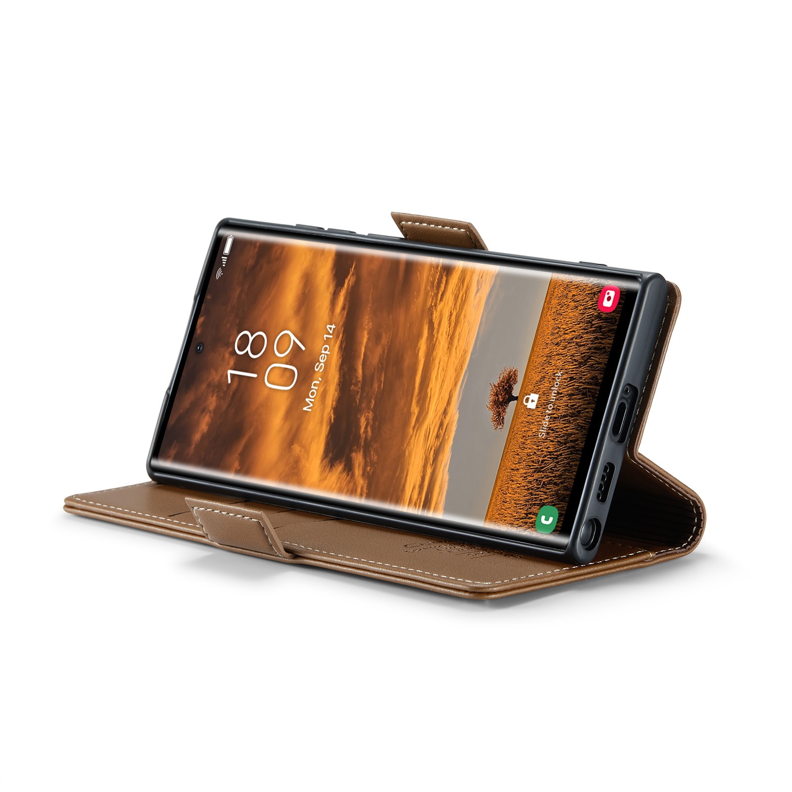 Husa pentru Samsung Galaxy S25 Ultra, CaseMe, slim, piele, tip portofel, stand, inchidere sigura magnetica, textura moale si aderenta in mana, protectie RFID, Maro