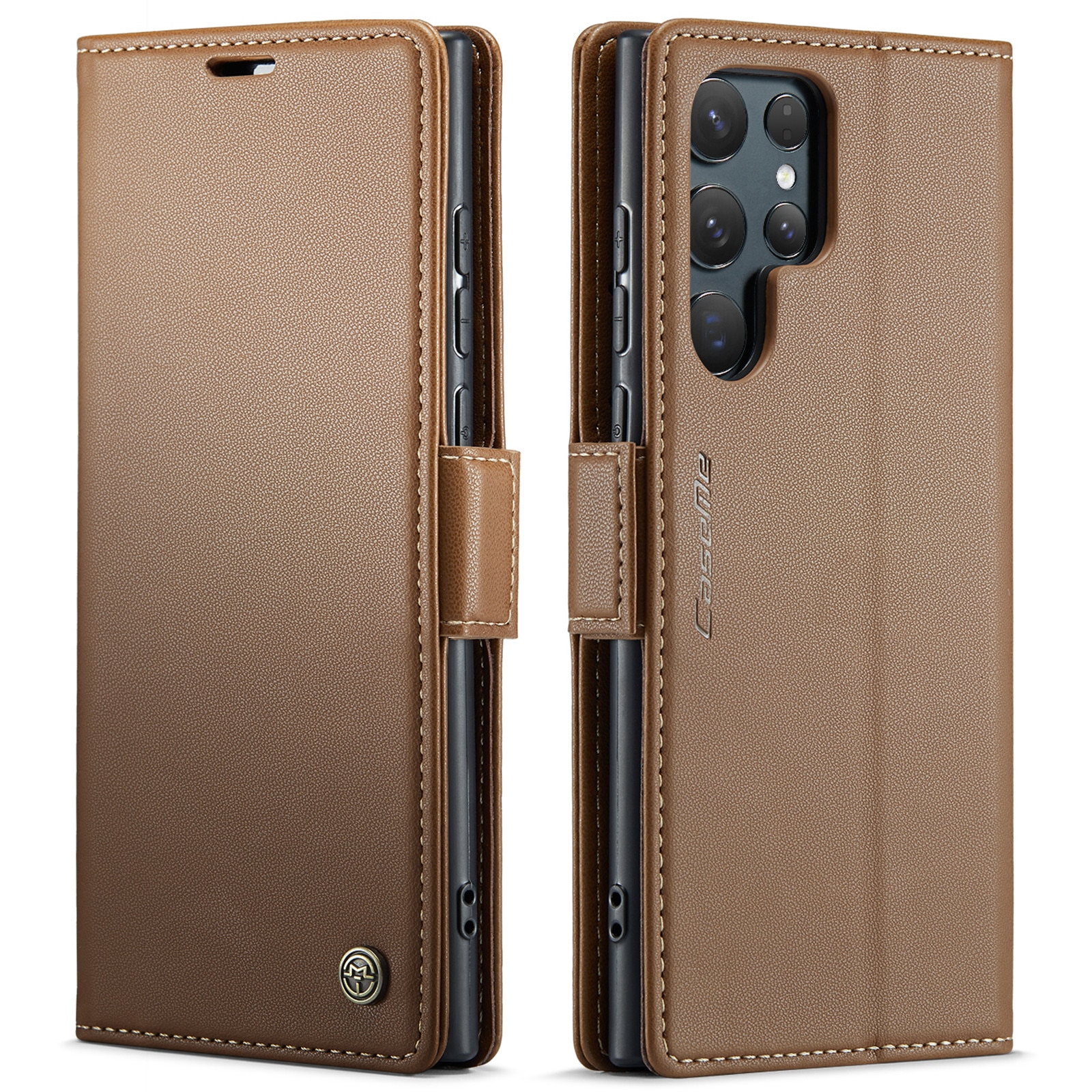 Husa pentru Samsung Galaxy S25 Ultra, CaseMe, slim, piele, tip portofel, stand, inchidere sigura magnetica, textura moale si aderenta in mana, protectie RFID, Maro