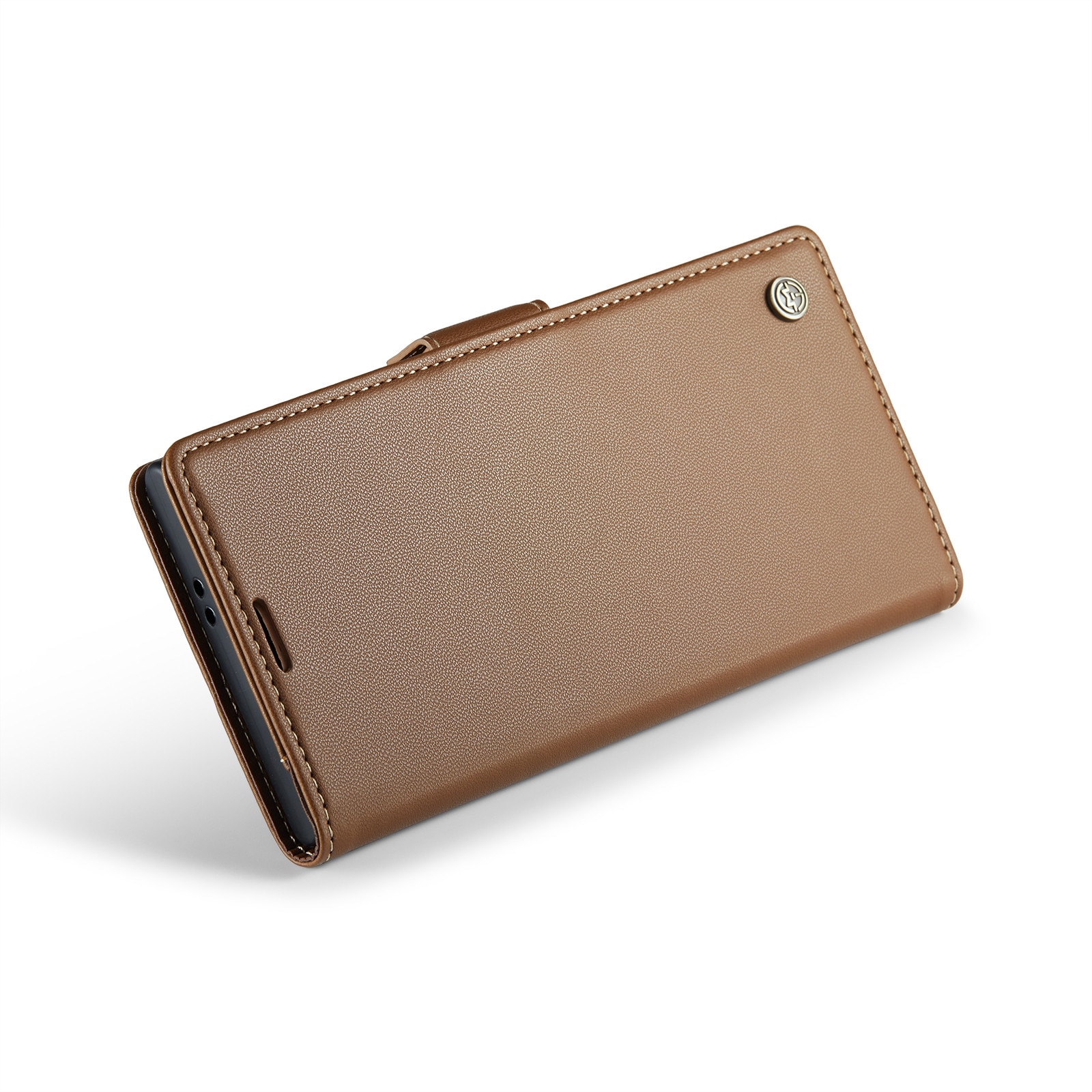 Husa pentru Samsung Galaxy S25 Ultra, CaseMe, slim, piele, tip portofel, stand, inchidere sigura magnetica, textura moale si aderenta in mana, protectie RFID, Maro