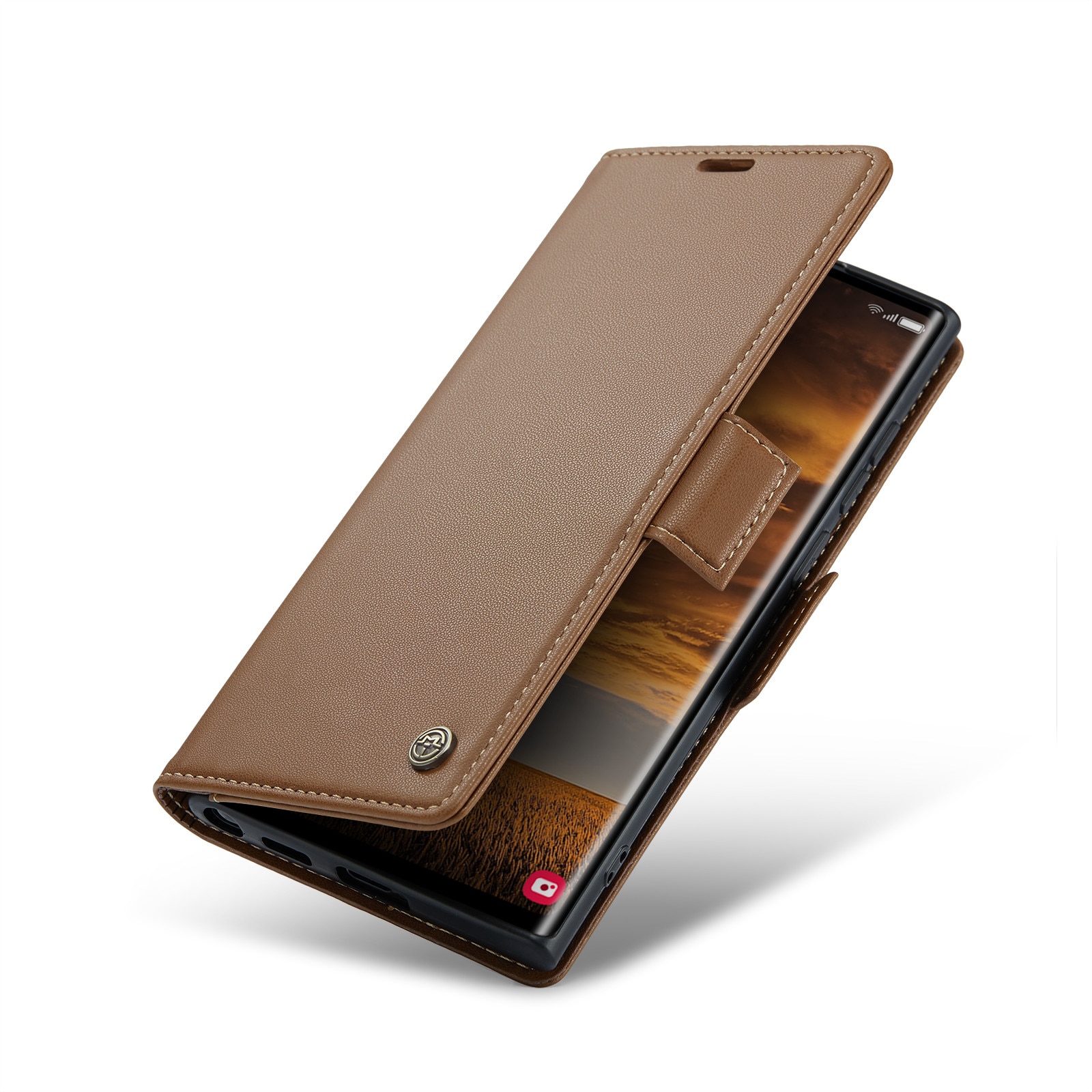Husa pentru Samsung Galaxy S25 Ultra, CaseMe, slim, piele, tip portofel, stand, inchidere sigura magnetica, textura moale si aderenta in mana, protectie RFID, Maro