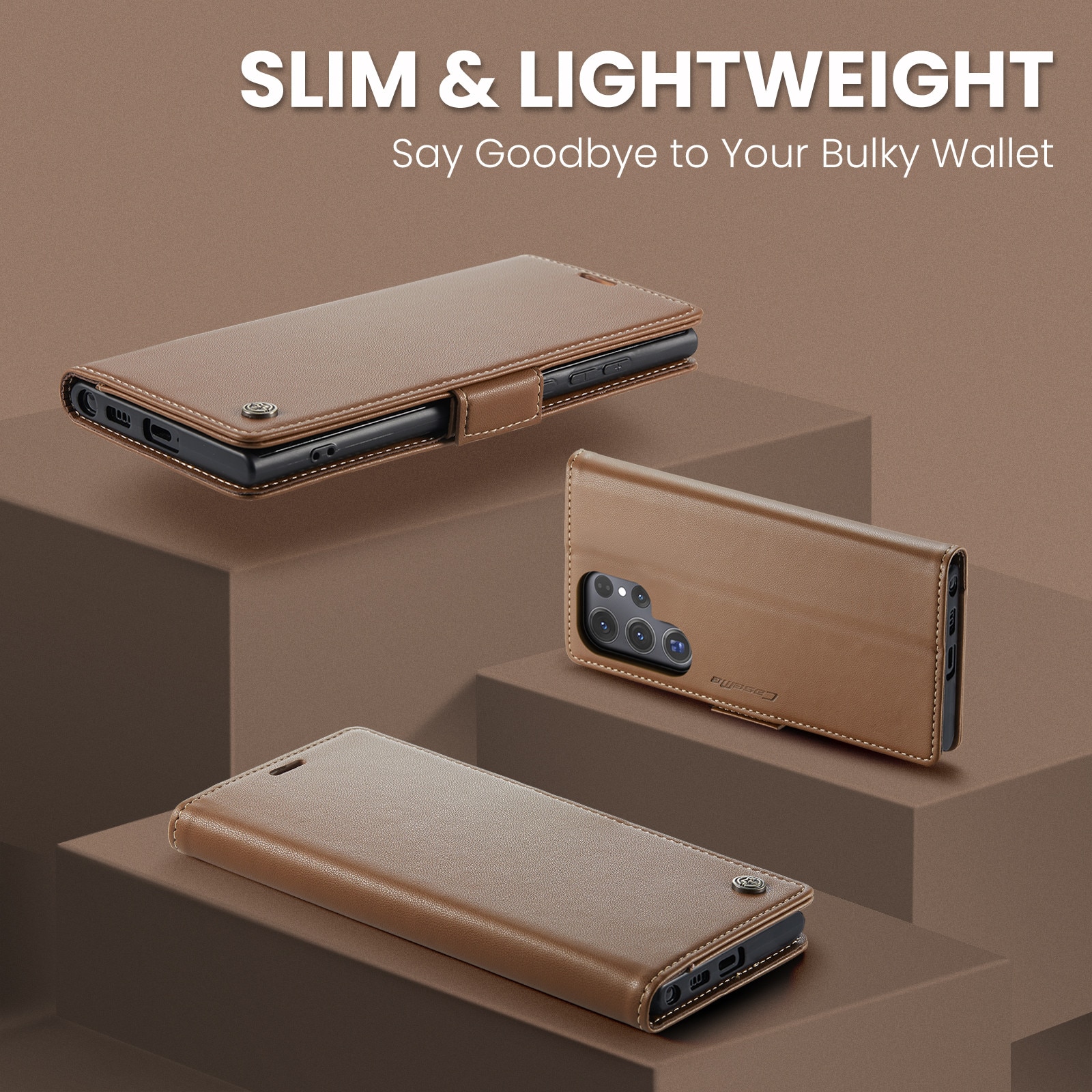 Husa pentru Samsung Galaxy S25 Ultra, CaseMe, slim, piele, tip portofel, stand, inchidere sigura magnetica, textura moale si aderenta in mana, protectie RFID, Maro