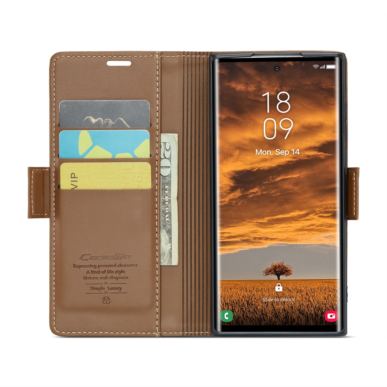 Husa pentru Samsung Galaxy S25 Ultra, CaseMe, slim, piele, tip portofel, stand, inchidere sigura magnetica, textura moale si aderenta in mana, protectie RFID, Maro