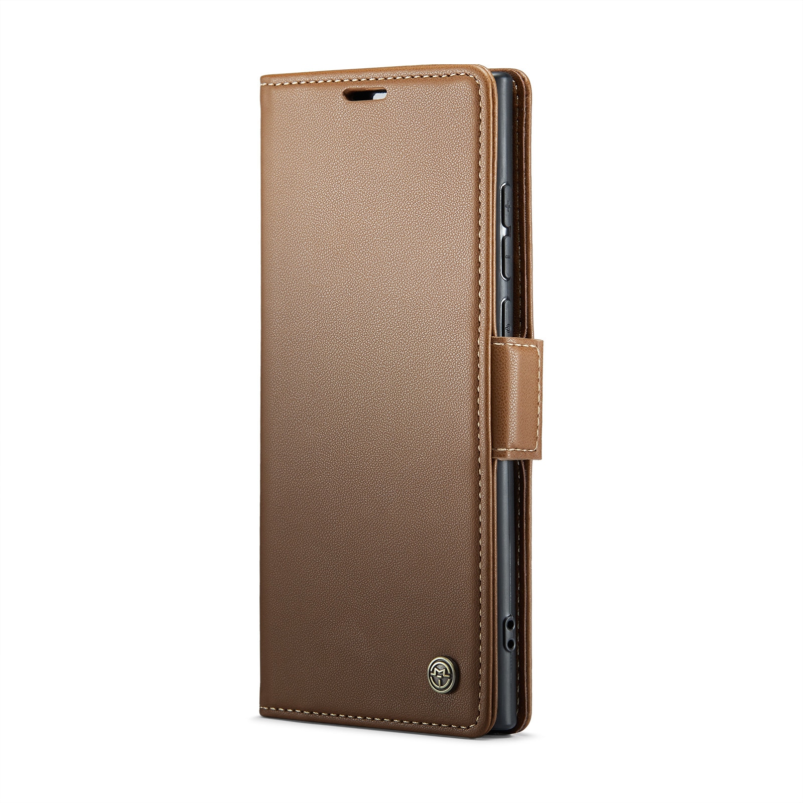 Husa pentru Samsung Galaxy S25 Ultra, CaseMe, slim, piele, tip portofel, stand, inchidere sigura magnetica, textura moale si aderenta in mana, protectie RFID, Maro
