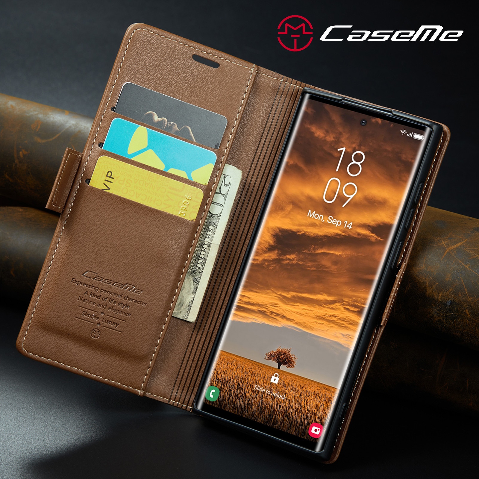 Husa pentru Samsung Galaxy S25 Ultra, CaseMe, slim, piele, tip portofel, stand, inchidere sigura magnetica, textura moale si aderenta in mana, protectie RFID, Maro