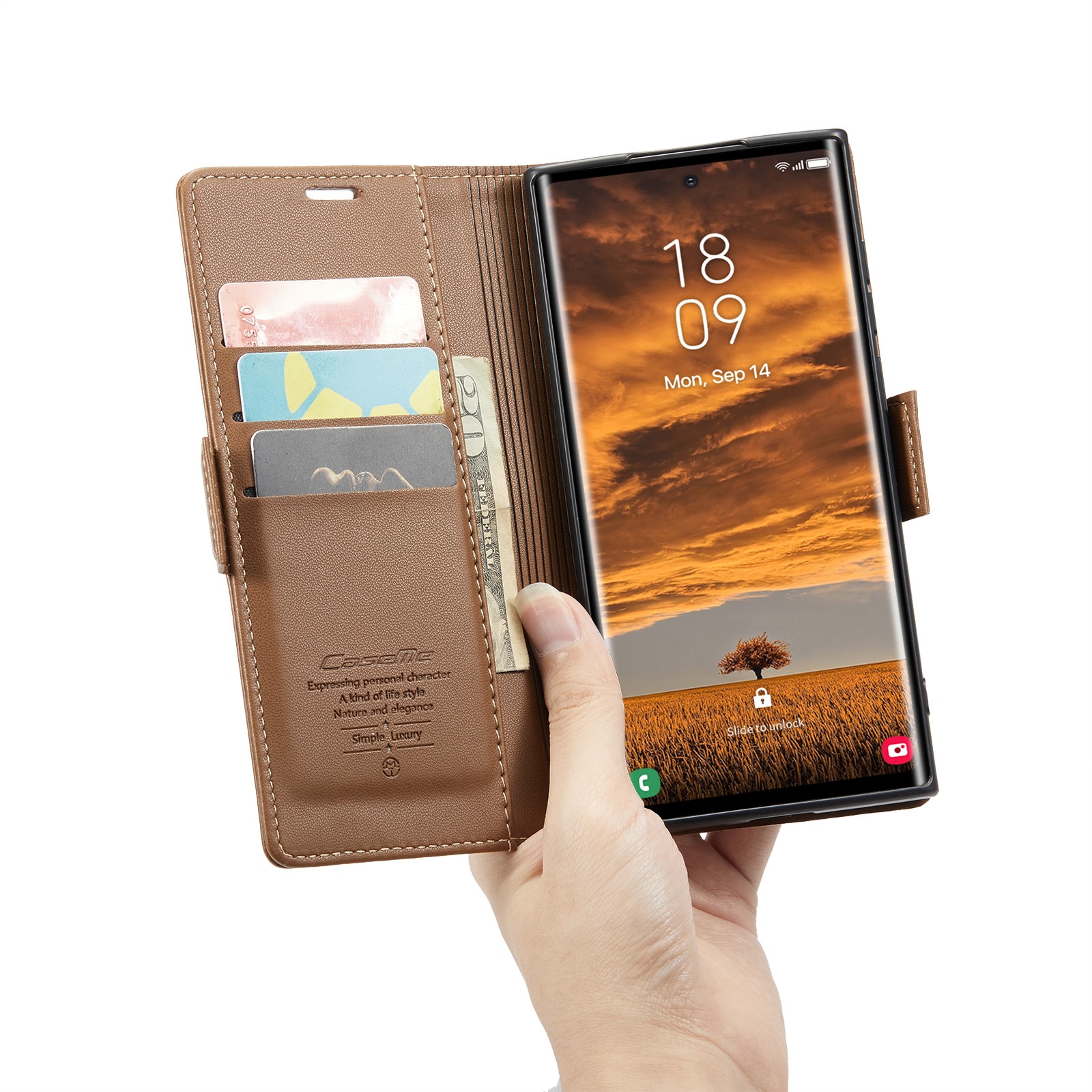 Husa pentru Samsung Galaxy S25 Ultra, CaseMe, slim, piele, tip portofel, stand, inchidere sigura magnetica, textura moale si aderenta in mana, protectie RFID, Maro