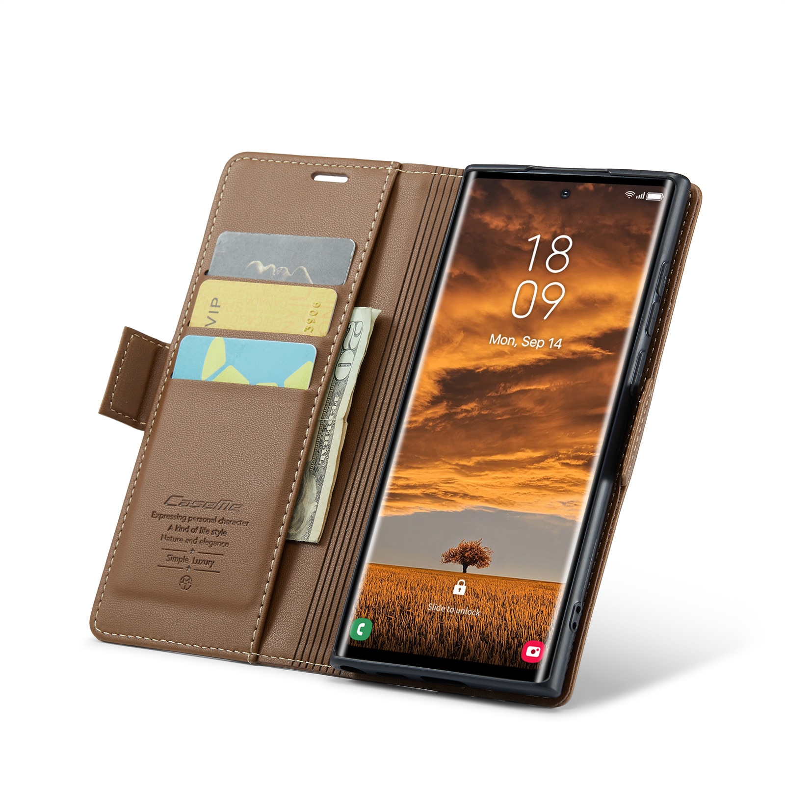 Husa pentru Samsung Galaxy S25 Ultra, CaseMe, slim, piele, tip portofel, stand, inchidere sigura magnetica, textura moale si aderenta in mana, protectie RFID, Maro