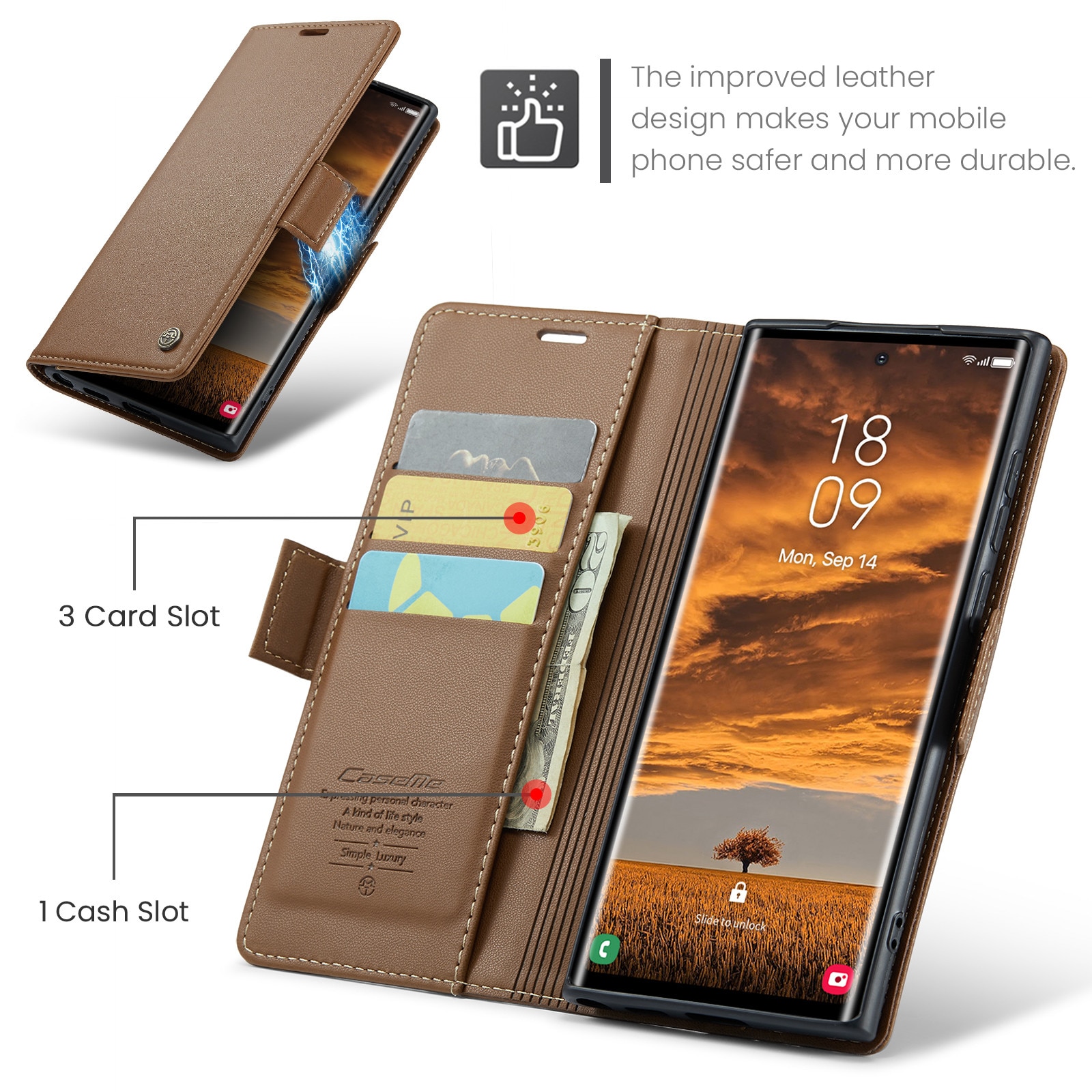 Husa pentru Samsung Galaxy S25 Ultra, CaseMe, slim, piele, tip portofel, stand, inchidere sigura magnetica, textura moale si aderenta in mana, protectie RFID, Maro