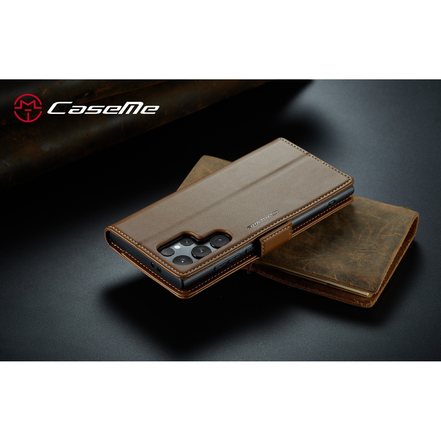 Husa pentru Samsung Galaxy S25 Ultra, CaseMe, slim, piele, tip portofel, stand, inchidere sigura magnetica, textura moale si aderenta in mana, protectie RFID, Maro