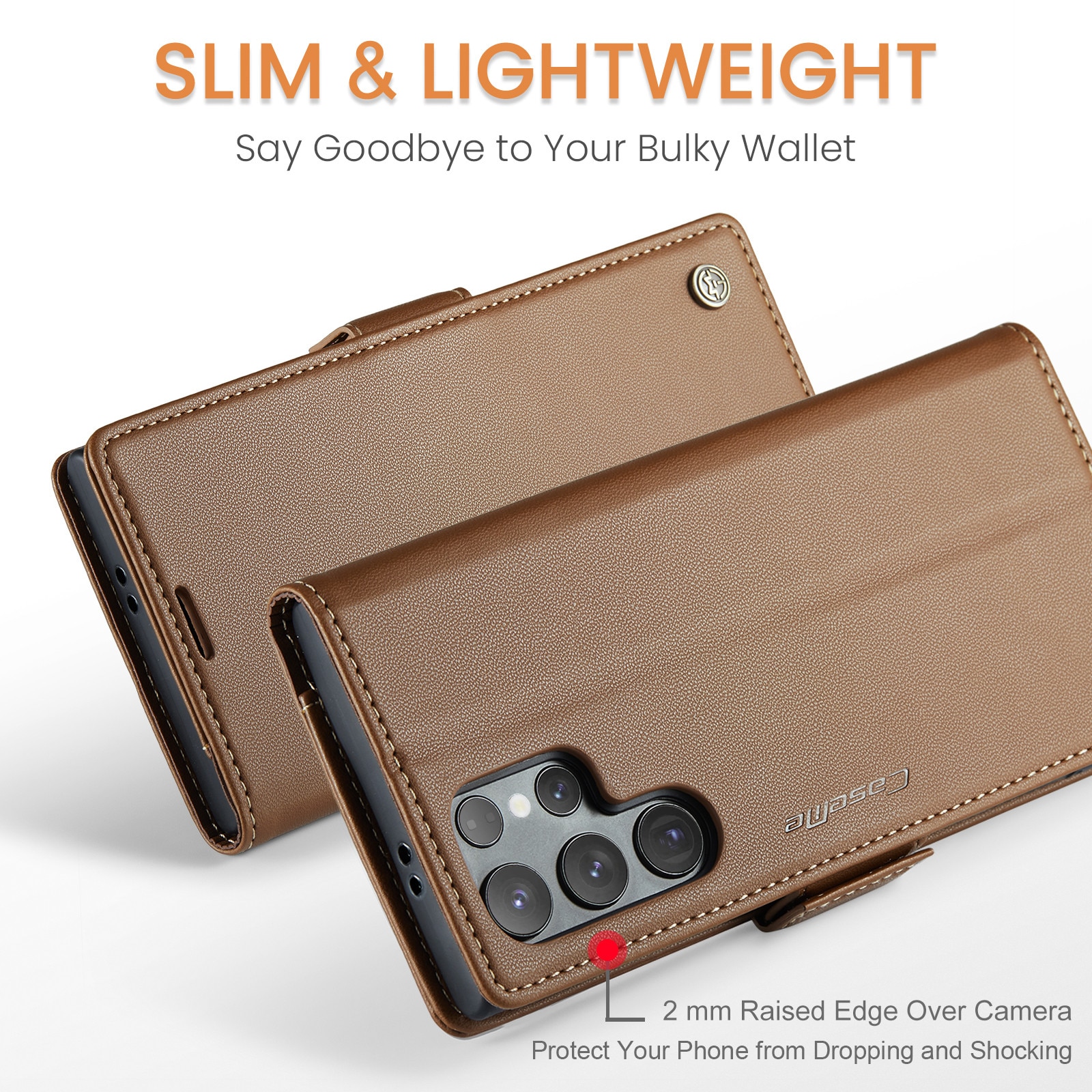 Husa pentru Samsung Galaxy S25 Ultra, CaseMe, slim, piele, tip portofel, stand, inchidere sigura magnetica, textura moale si aderenta in mana, protectie RFID, Maro
