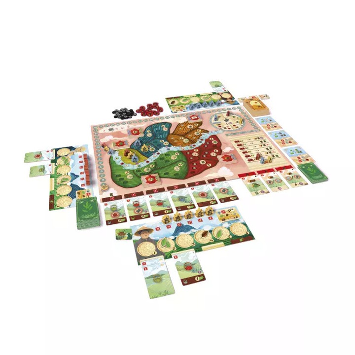 Настолна игра, бяла, Билкова градина, пълен комплект, 4 дъски за играчи, 28 пагоди, 32 работнически пешки, 4 пешки за лодки, 44 стартови карти