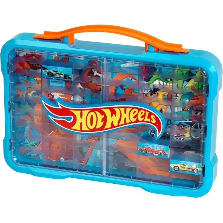 Cutie de depozitare Hot Wheels, Klein, pentru 54 masinute 1:64, cu logo iluminat, albastru, 58x9.4x43cm