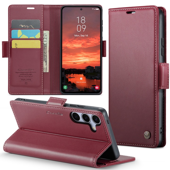 Husa pentru Samsung Galaxy S25 FE, CaseMe, slim, piele, tip portofel, stand, inchidere sigura magnetica, textura moale si aderenta in mana, protectie RFID, Rosu