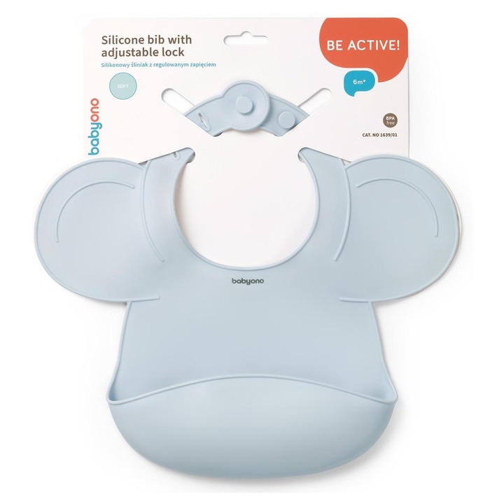 BabyOno szilikon előke, kék, 30x28cm, zsebbel és állítható zárral