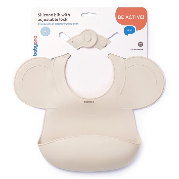 Baveta din silicon BabyOno, bej, 30x28cm, cu buzunar practic, ajustabil