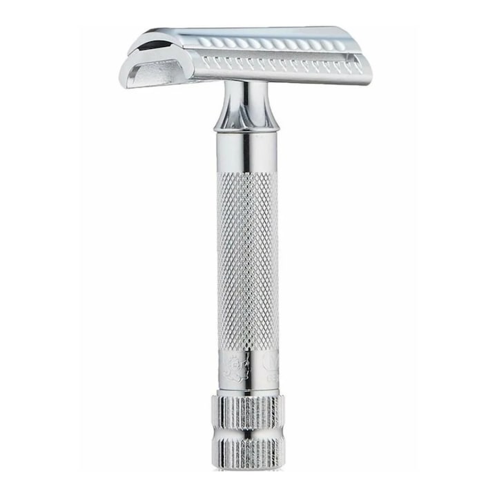 Merkur 37C ferde pengéjű Solingen borotva, sárgaréz, krómozott, 81x41x25mm, ezüst