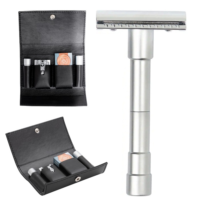 Aparat de ras clasic Merkur 46C, compact, cu etui din piele, 85x41x25mm, cromat