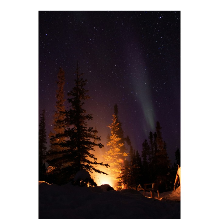 Картина на платно, „Огнища под звездното небе“, Гора, Небе, Звезди, Огън, Светлина, Нощ, Дървета, Светещи, Аврора, 26 x 39 cm