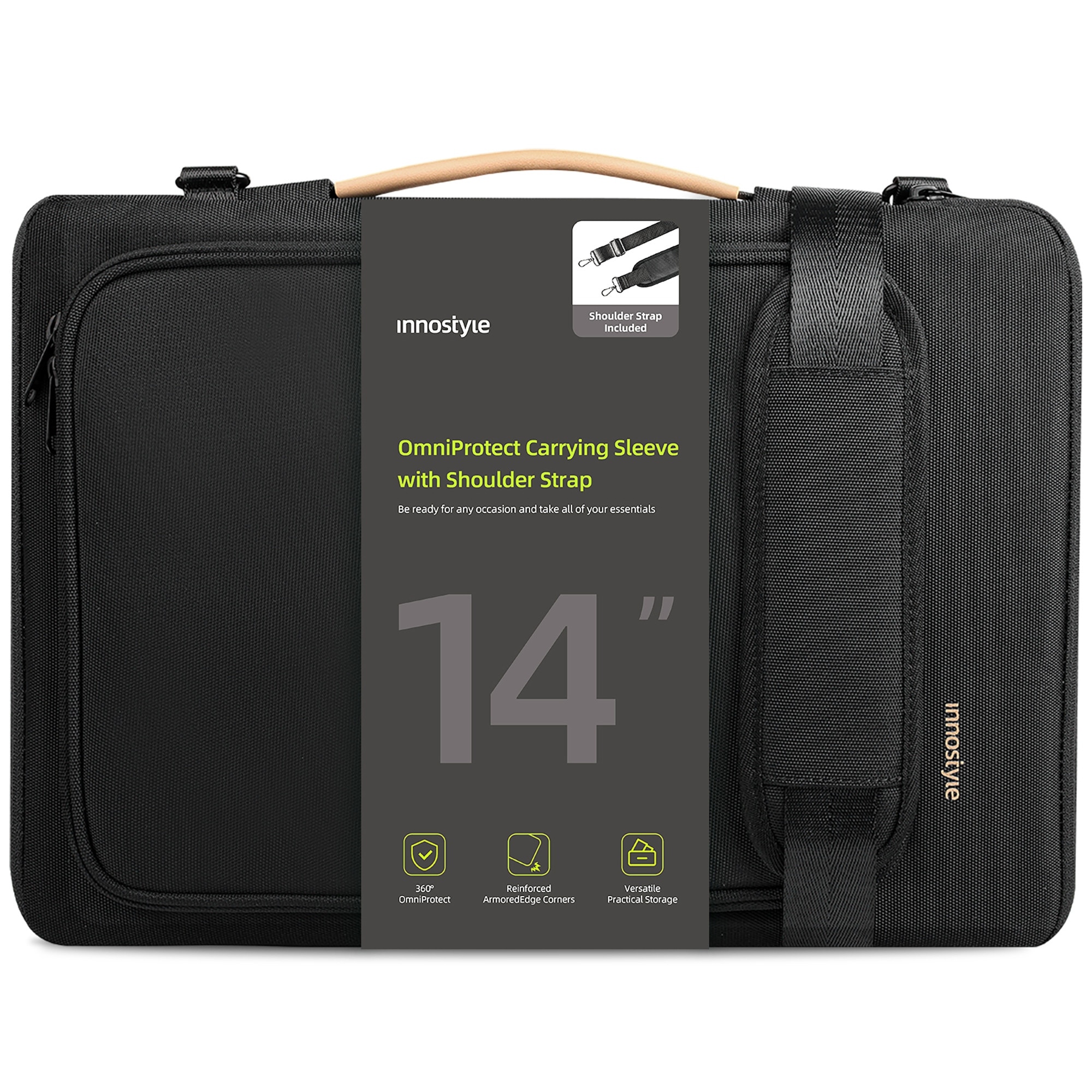 Husa pentru laptop 14", Innostyle, OmniProtect, waterproof, neagra, dimensiuni 36x26x5cm, set cu curea detasabila